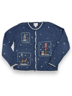 Croft & Barrow Christmas Cats Embroidered Cardigan Vintage Sweater Size Medium